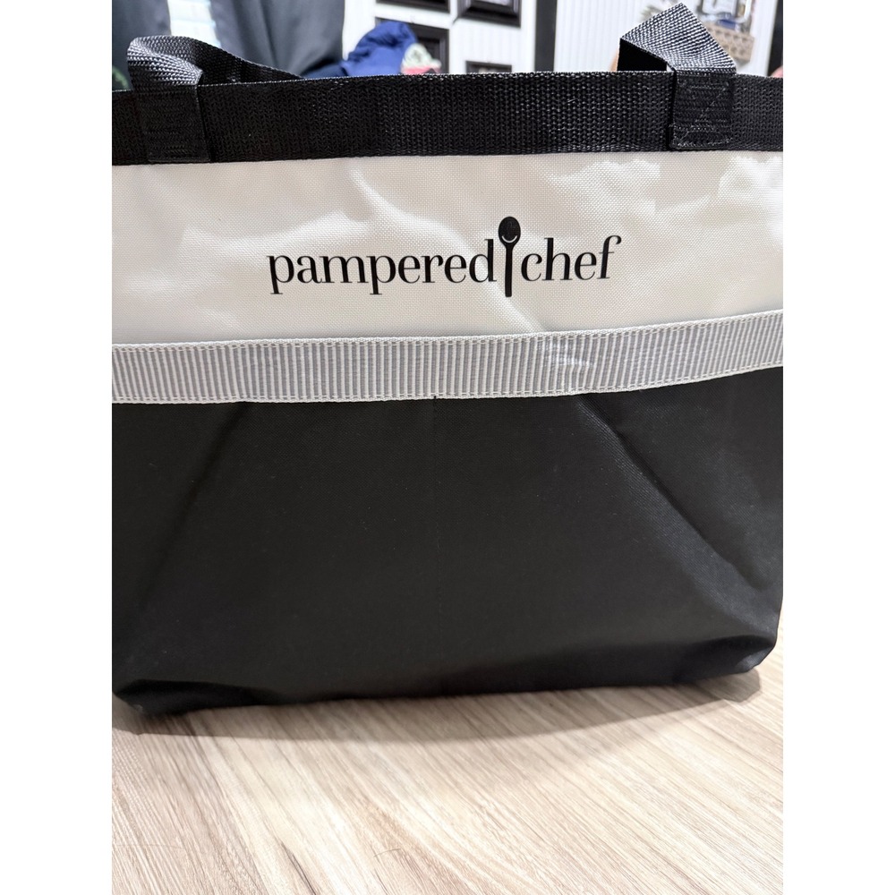 Pampered Chef Large Utility Tote Bag Black White Divided Organizer Shopping Bag